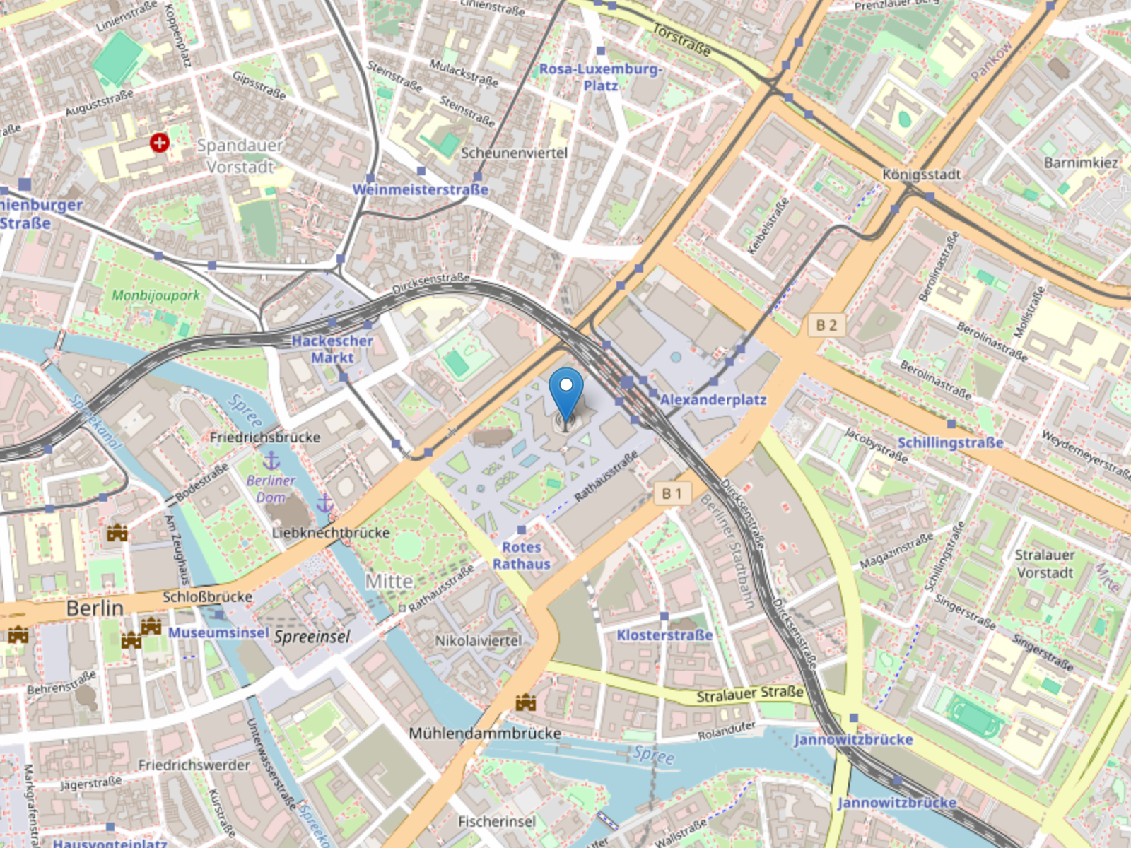 Map showing Berlin TV Tower location at Alexanderplatz, Berlin